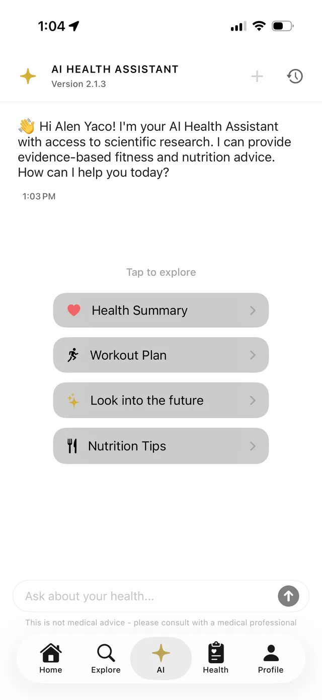 ROID AI health assistant chat offering workout plans, health summaries, and nutrition tips