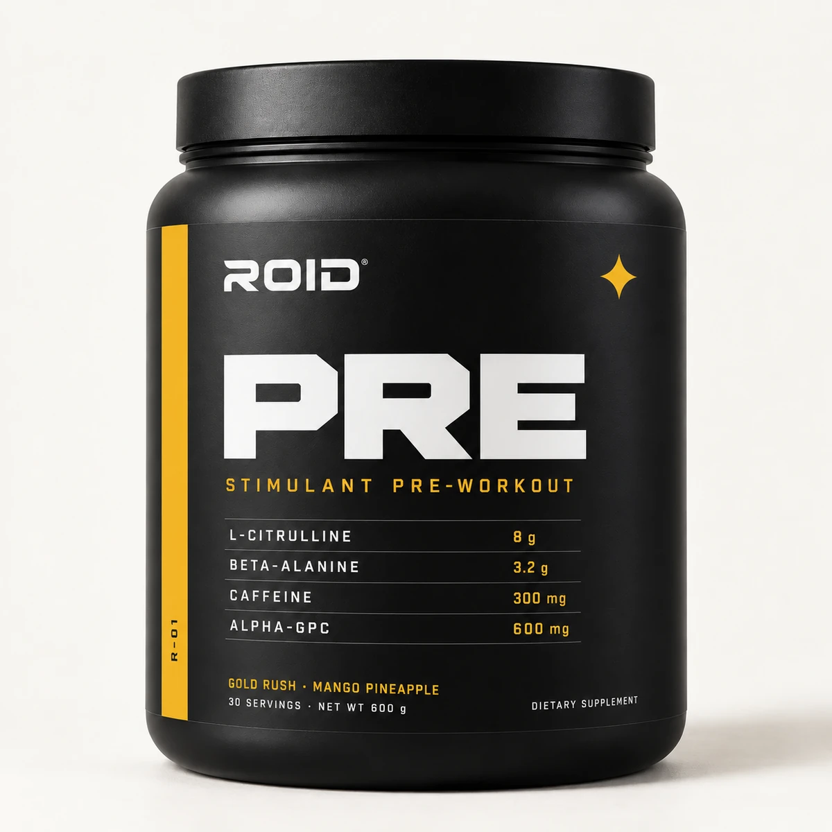 ROID PRE Gold Rush supplement with flavor-colored packaging