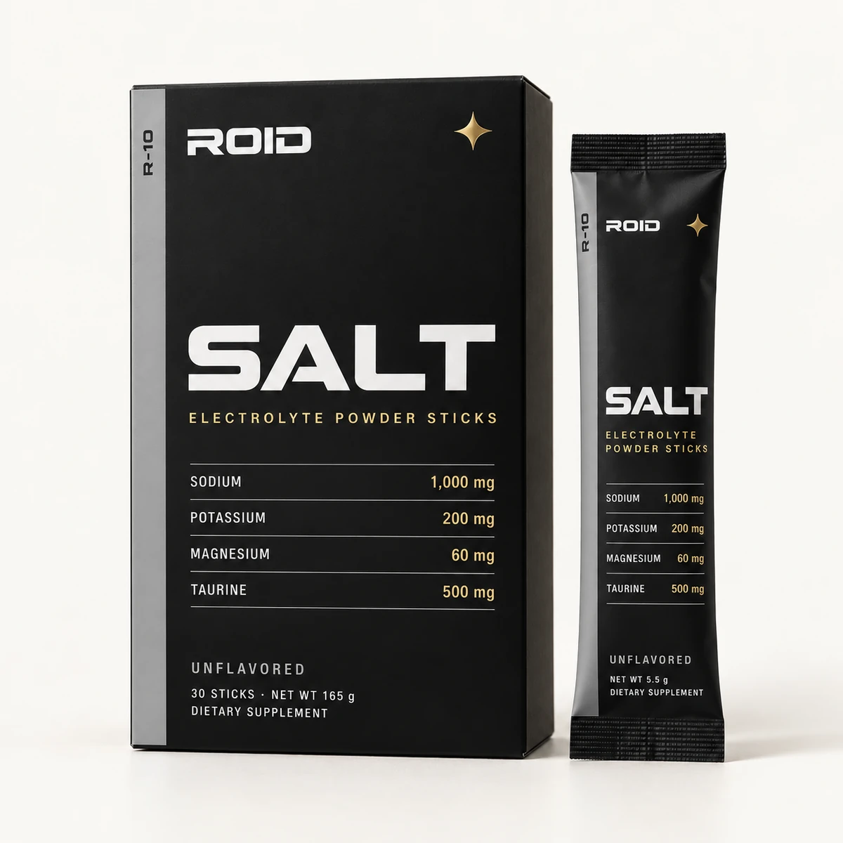 ROID SALT Raw supplement with flavor-colored packaging