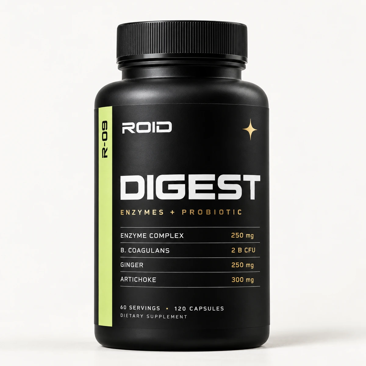 ROID DIGEST enzymes + probiotic for eating big bottle in matte black packaging