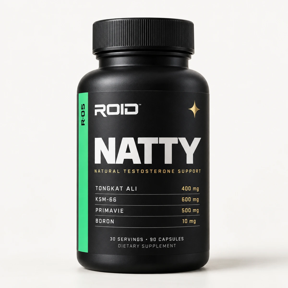 ROID NATTY natural testosterone support bottle in matte black packaging