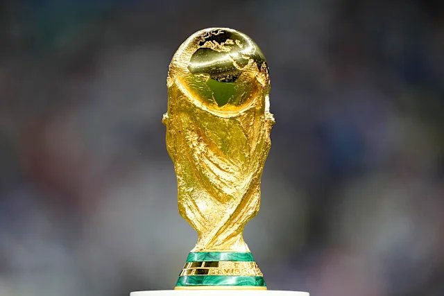 The gold FIFA World Cup trophy on display ahead of the 2026 World Cup hosted by the United States, Canada, and Mexico.